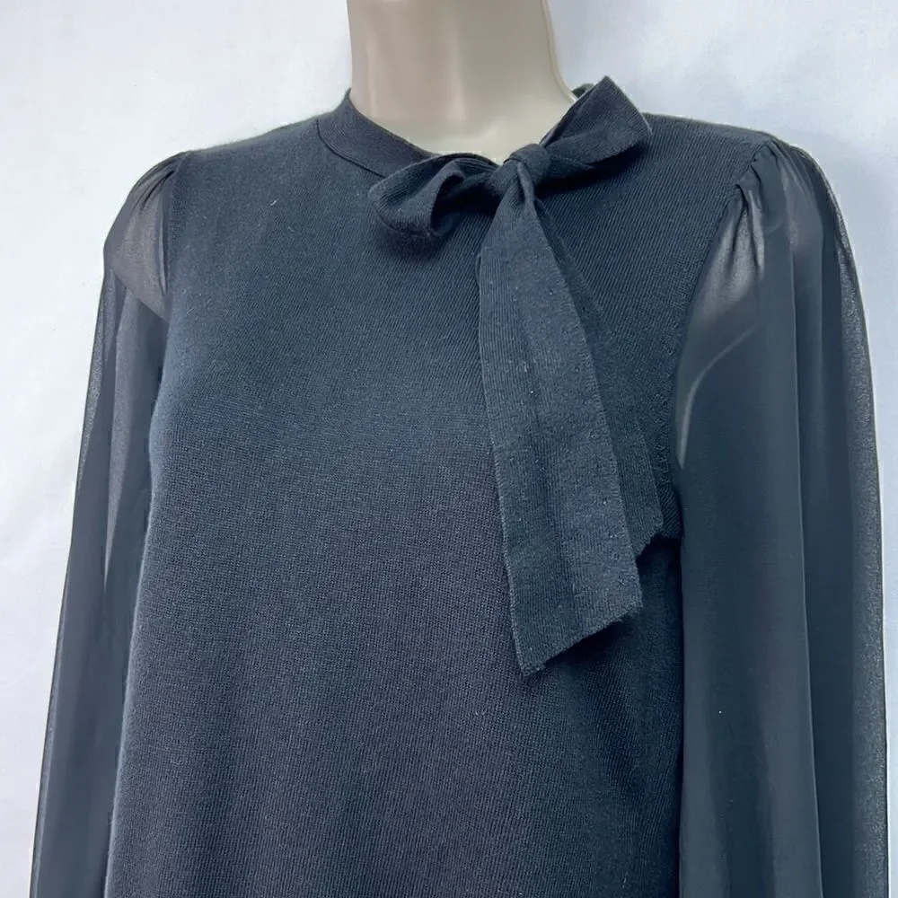 CeCe tie neck black multi medium sweater with chiffon sleeves size XS NWT